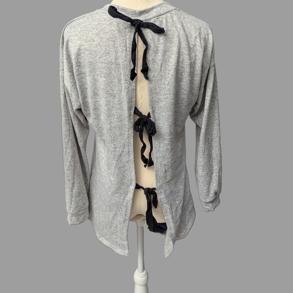 Lily White Gray Blouse with Black Tie Accents